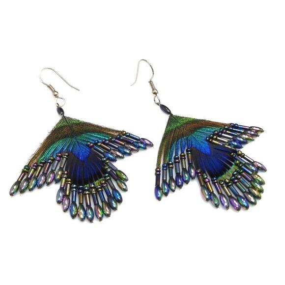 Handmade Peacock Feather Iridescent Glass Seed Beaded Earrings, 3 1/4 Inches - Picture 1 of 7
